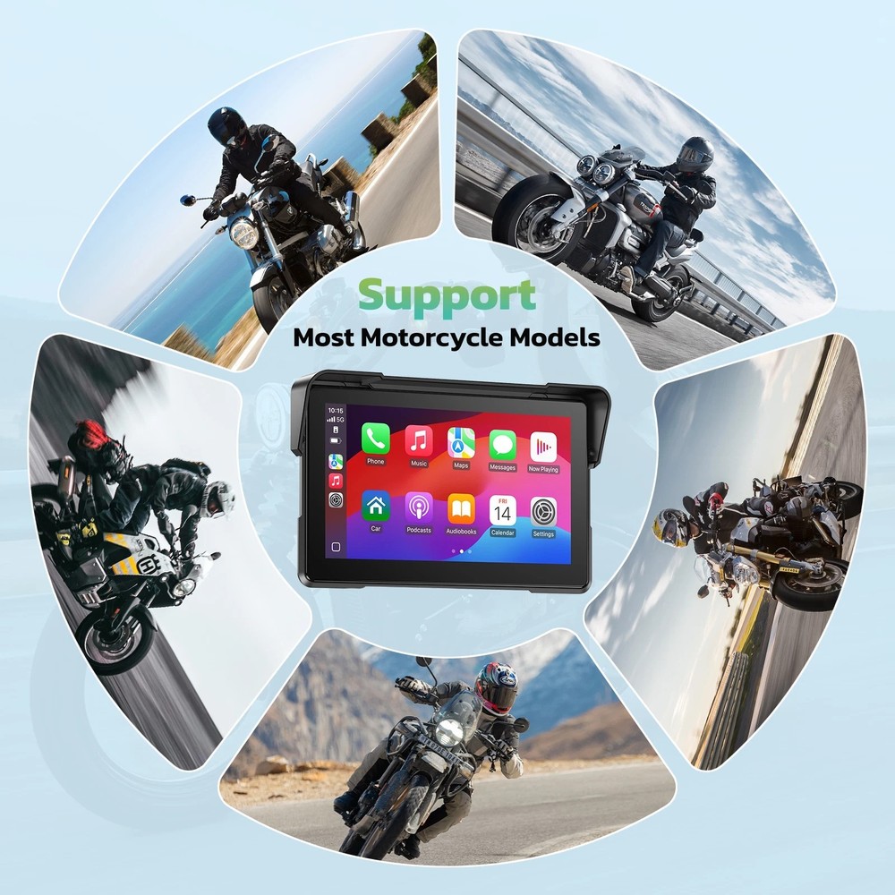 7" Touch Screen Portable Moto Stereo Wireless CarPlay Android Auto Waterproof