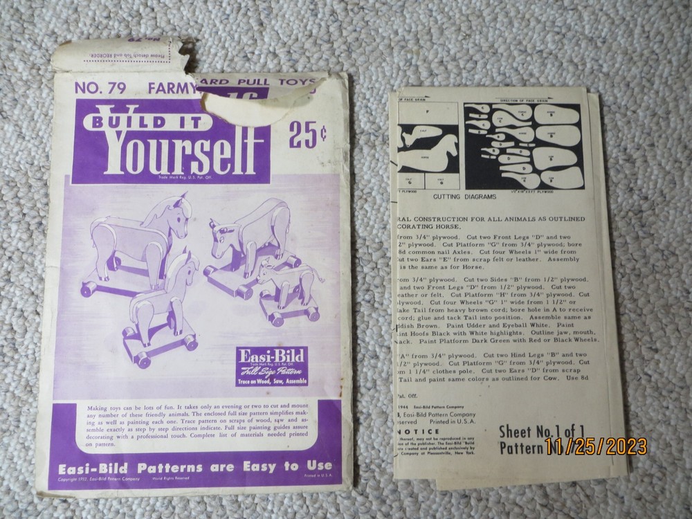 Vintage Farmyard Pull Toys No. 79 Easi-Bild Pattern 1952
