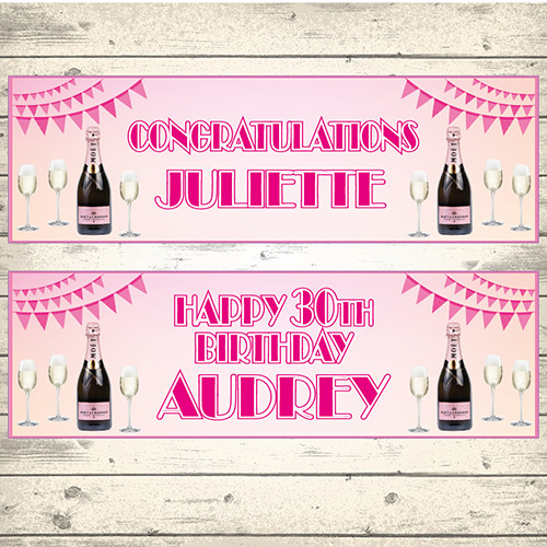 2 PERSONALISED PINK CHAMPAGNE CONGRATULATIONS CELEBRATION BIRTHDAY BANNERS