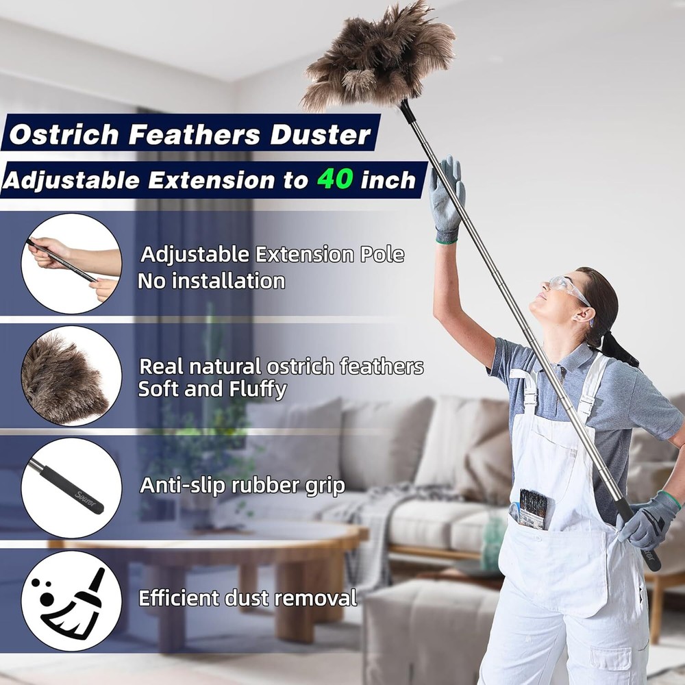 Extendable Ostrich Feather Duster - 40 Inches Fluffy Long Handle Reusable