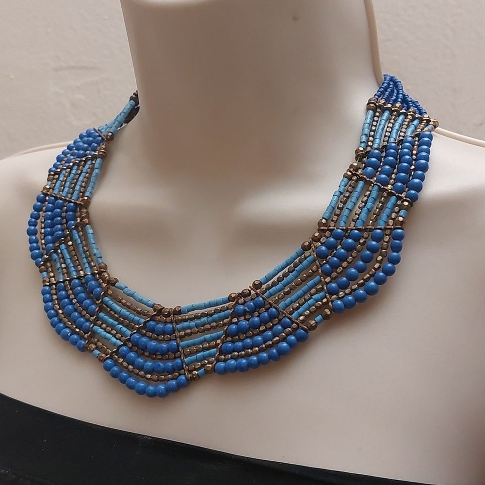 Boho Tribal Tri Tone Blue Gold Tone Seed Bead Statement Necklace