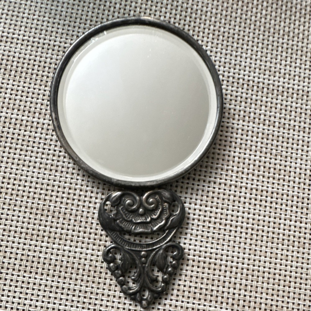 Antique Scandinavian Silver Hand Mirror Ornate Scene