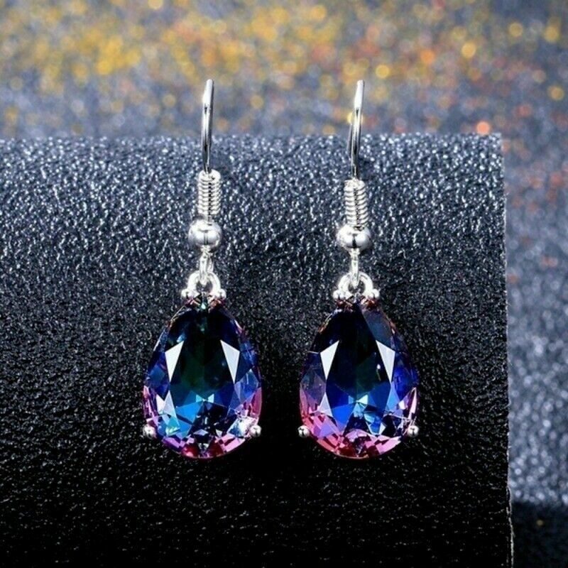 Pretty New Silver Plated Rainbow Crystal CZ Teardrop Hook Dangle Earrings