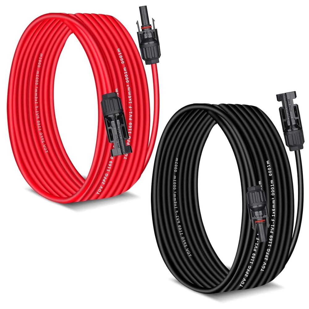 Solar Extension Cable 10 AWG Solar Panel Wire Connector Cable Black + Red 6mm²