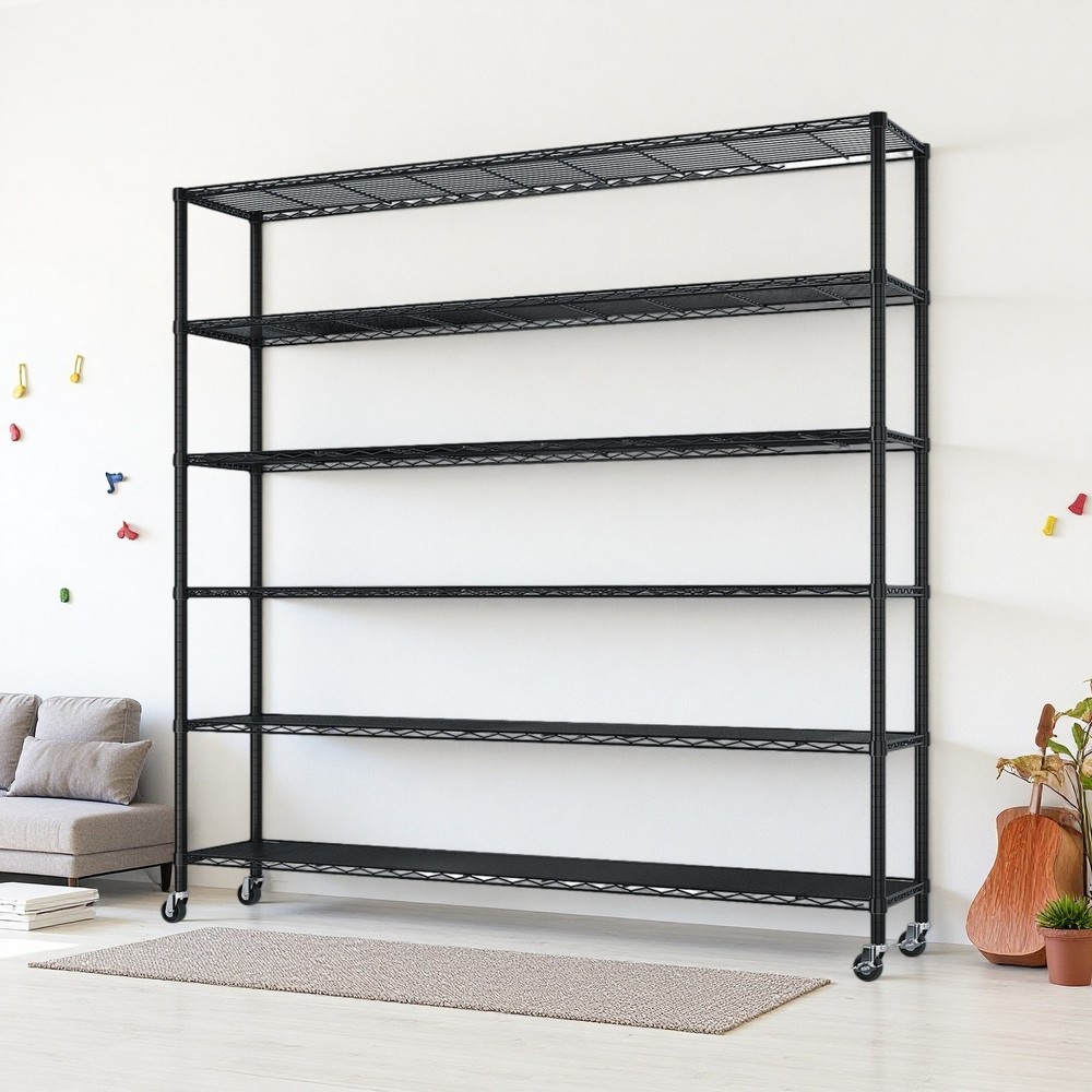 6-Tier Rolling Wire Shelving Unit - Heavy Duty, Adjustable, Modular & Black