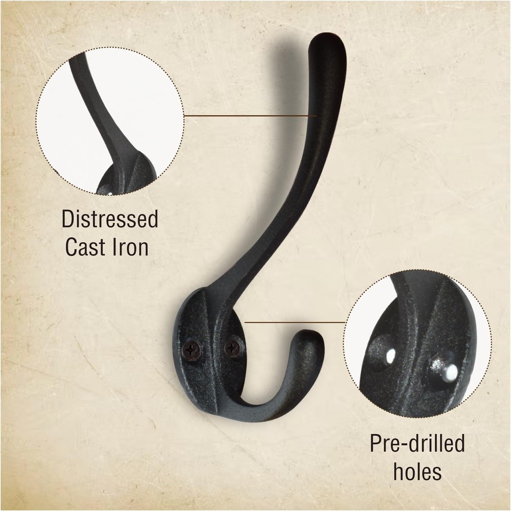 Heavy Duty Cast Iron Wall Hooks (4 Pack) Non Rusting - Wall Hooks