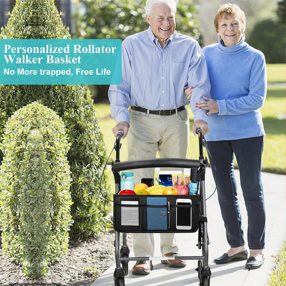 Rollator Basket with Cup Holder, Easy to Use Rollator Accessories Folding Storag