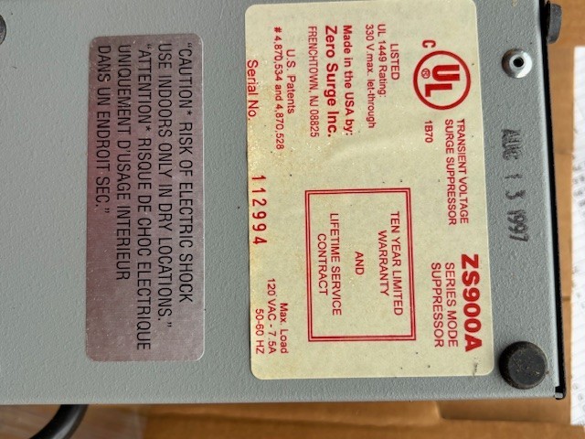 ZS900A ZERO SURGE SUPPRESSOR NEW SURPLUS