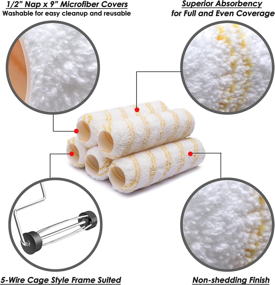 6pcs House Paint Roller Kit, 9 inch Extendable Roller Frame with 5 Microfiber Ro