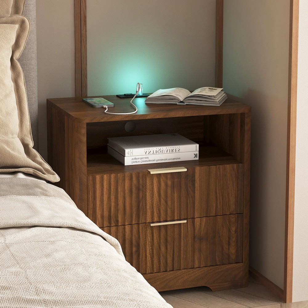 Smart Nightstand w/ USB Charging, Voice Control LED Light & Storage