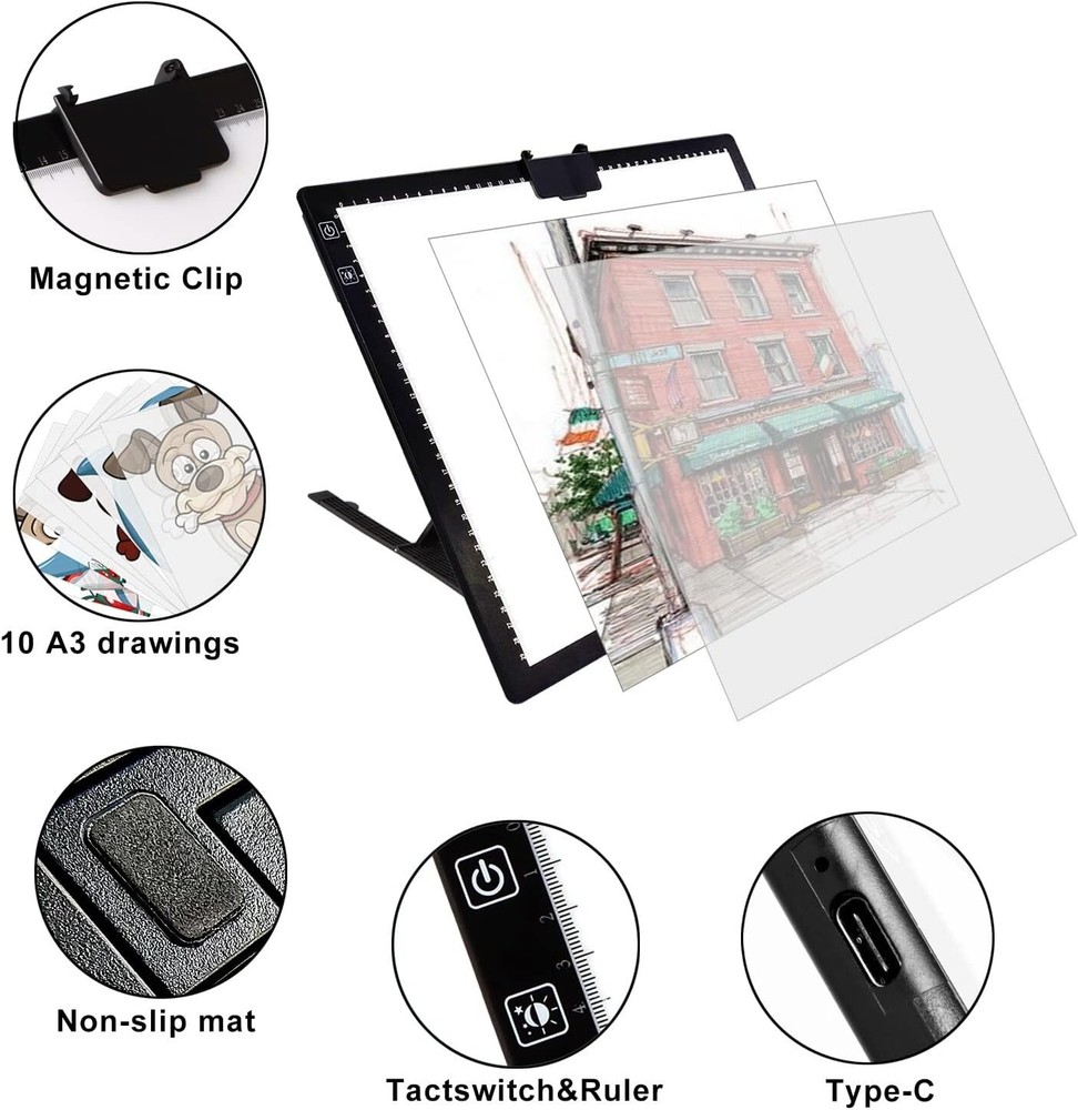 A3 Light Box, Wireless Battery LED Light Pad with stand 6 Adjustable Brightness