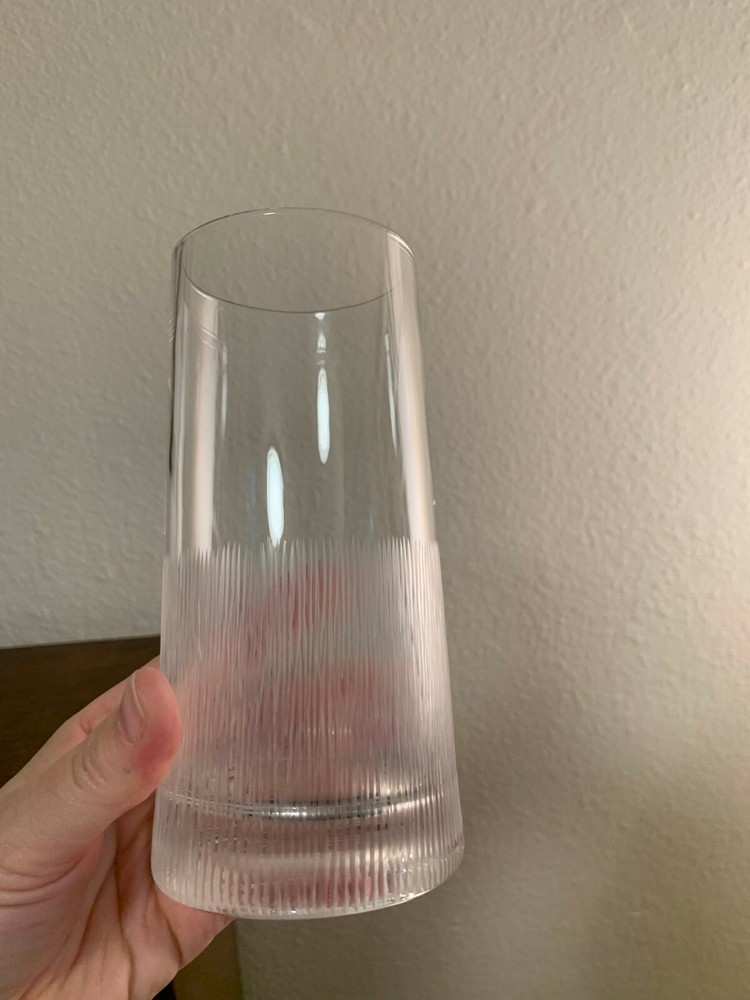 SET OF 4 CLEAR DRINKING GLASSES WITH MODERN ETCHING ON BOTTOM HALF