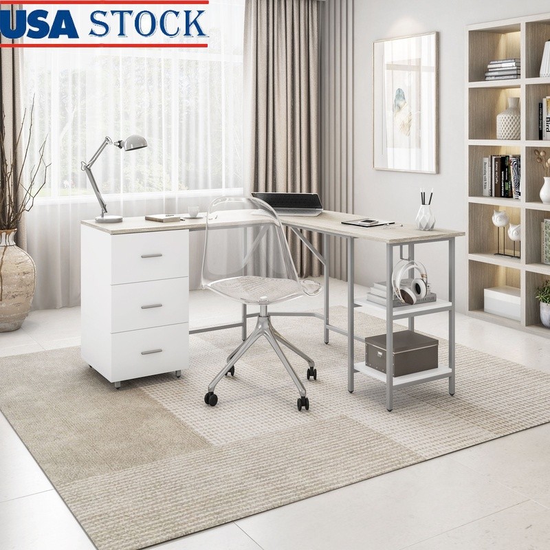 L Shaped Computer Desk W/ Storage Drawers Adjustable Open Shelves Efficiency New