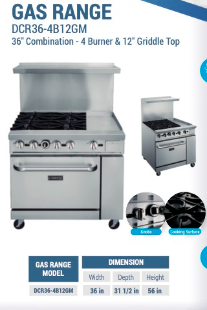 NEW 36" Range 12" Griddle 4 Burner Combo Std Oven NG On Wheels Dukers #1336