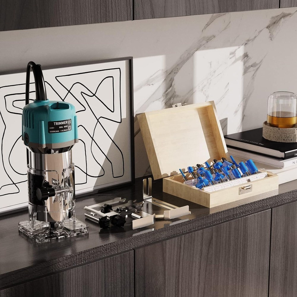 800W Compact Wood Router Tool + 15-Piece Carbide Bits