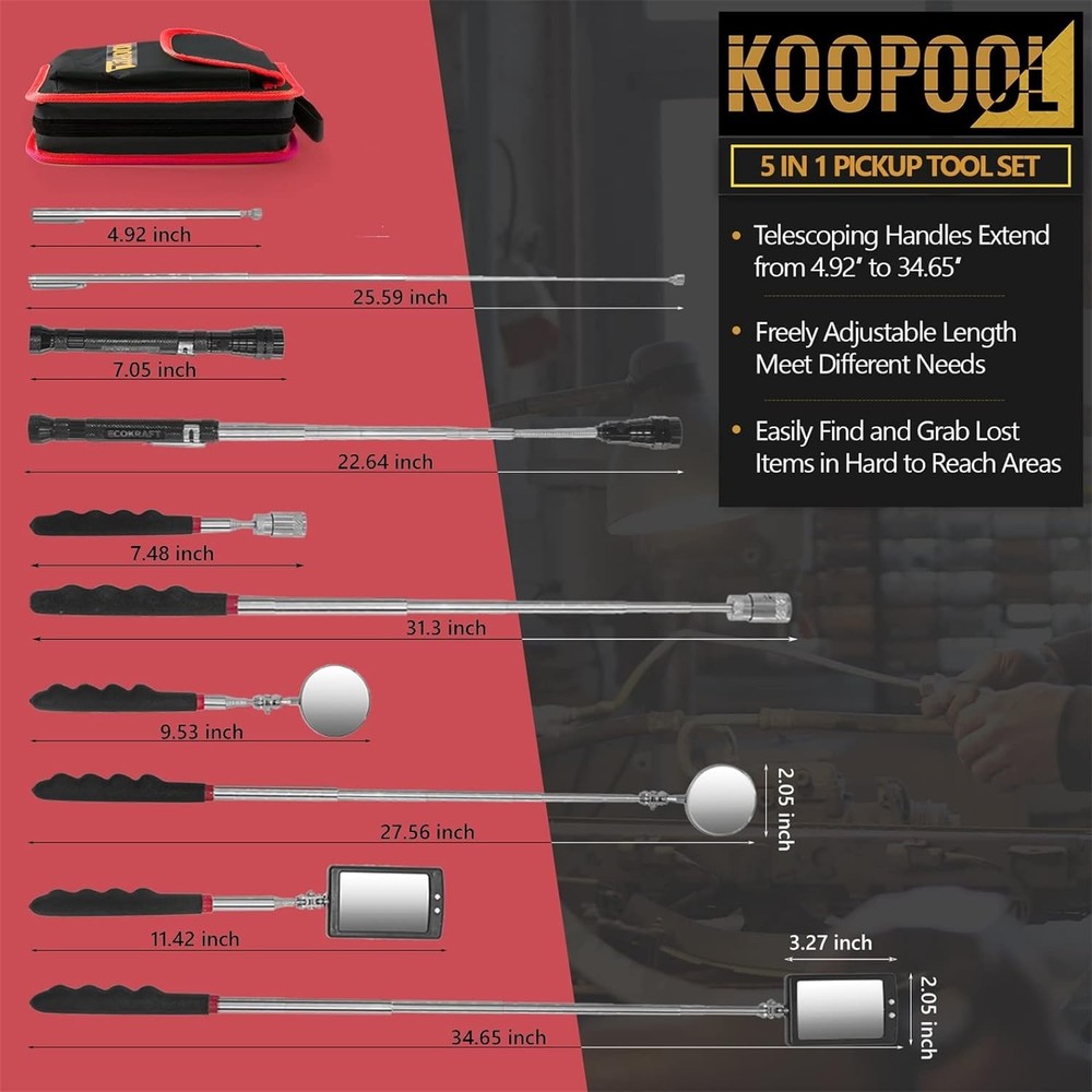 Telescoping Magnetic Pickup Tool Set, Inspection Mirror Telescoping, LED Flashli