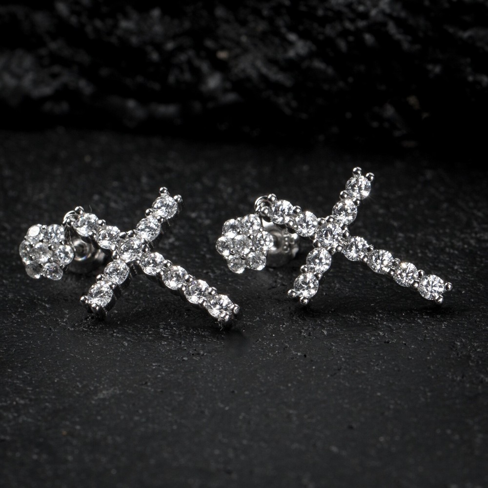 Mini Cluster Men's Hip Hop Sterling Silver Stud Cross Dangle Drop Hoop Earrings