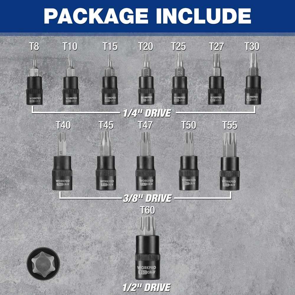 WORKPRO 13-Piece Hex Socket Set Socket Set 1/4"3/8"&1/2" Drive Allen Socket Set