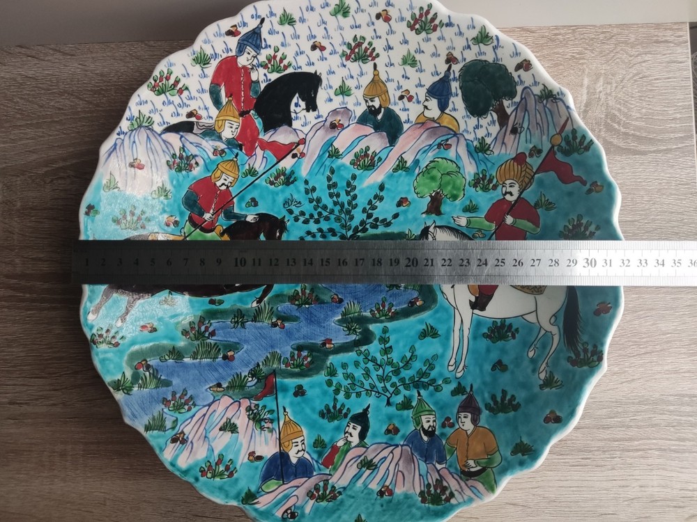 Large vintage painted ceramic plate. Turkey. Signed.