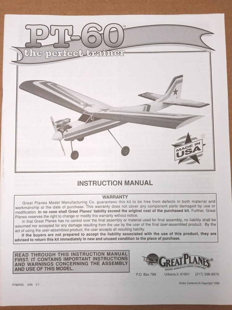 Great Planes PT-60 60 Size Manual Instruction Book PT60P03 New! OEM Not A Copy