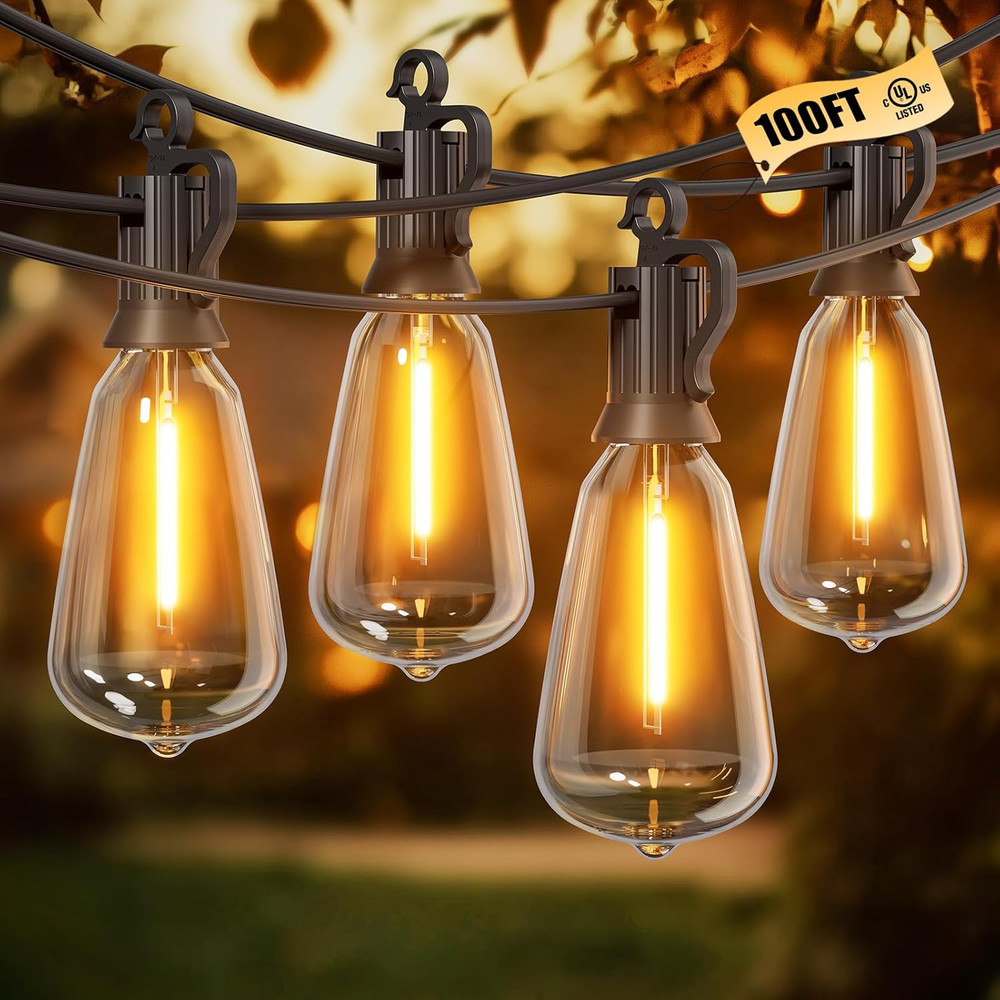 Outdoor String Lights Patio Lights, 100FT ST38 Shatterproof Dimmable Waterproof