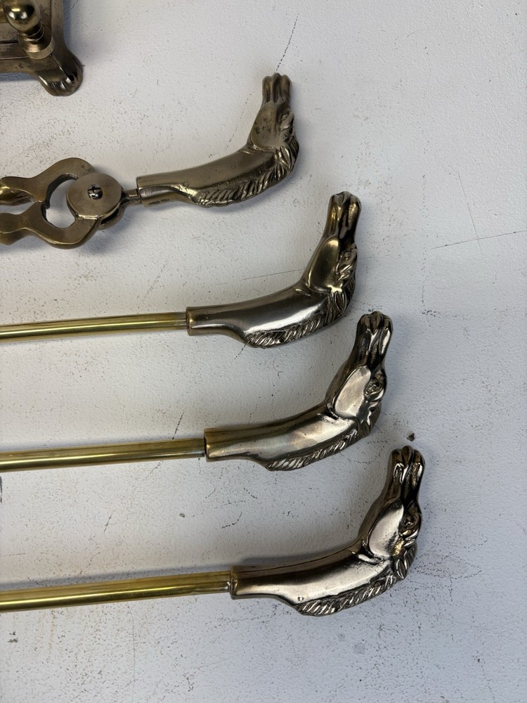 Vintage Solid Brass Equestrian / Horse Head 5pc Fireplace Tool Set