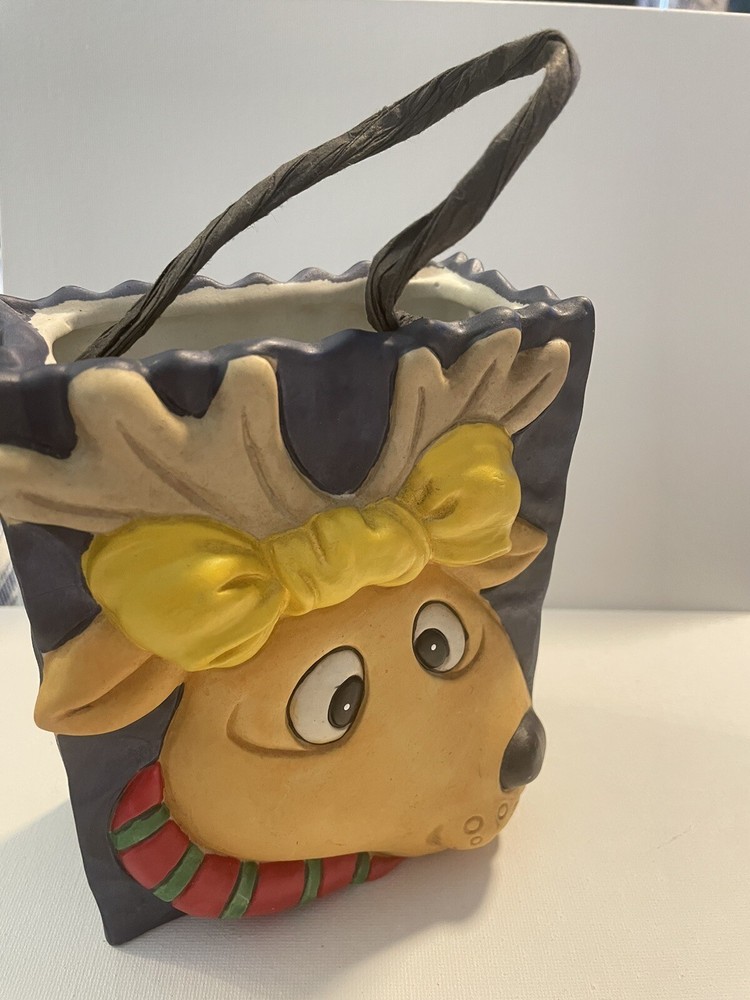 Christmas Gift Bag Ceramic Rudolph Decoration With Handle 6” Tall