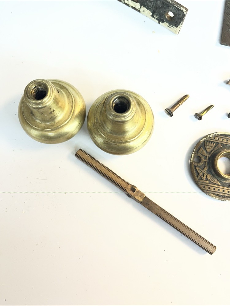 Antique RH Company Mortise Lock Set Brass Knobs Escutcheons Complete