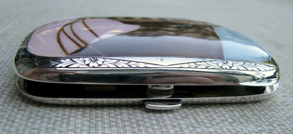 PRISTINE MINT ENGRAVED SILVER HAND PAINTED PORCELAIN CIGARETTE CHEROOT CASE 1910