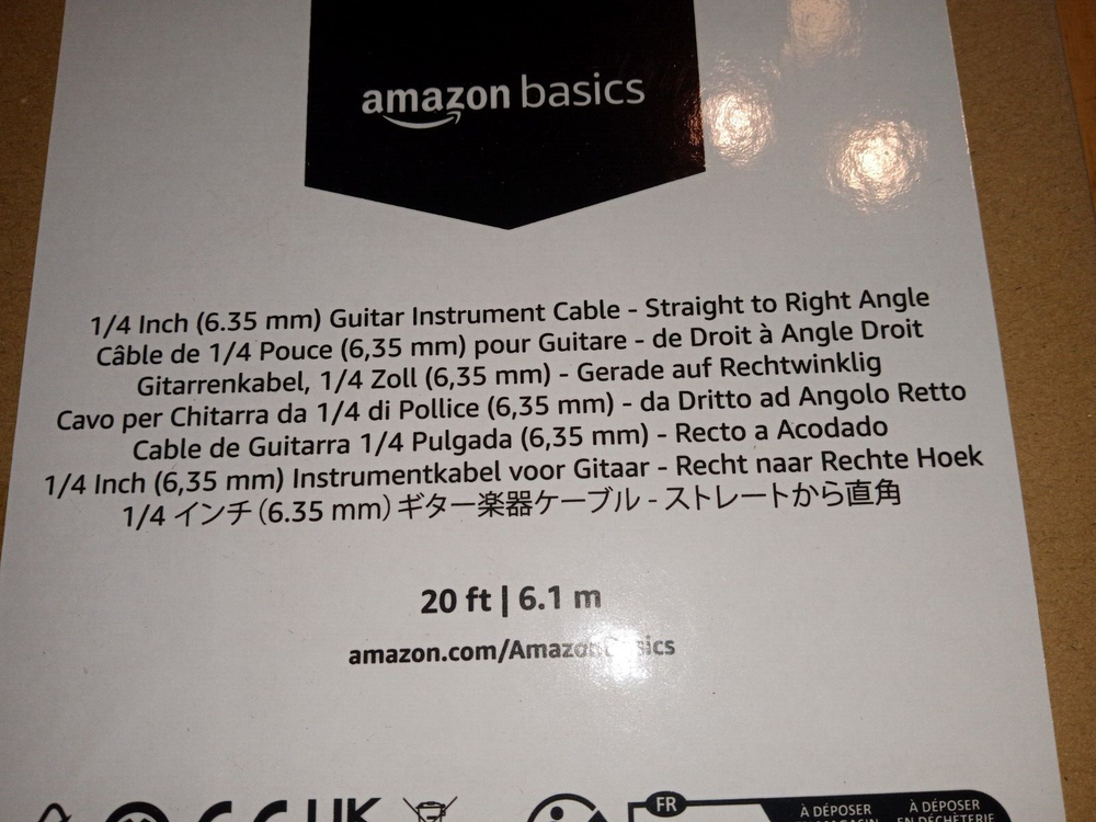Amazon Basics 1/4 Inch Right-Angle Instrument Cable - 20 Foot (Black)