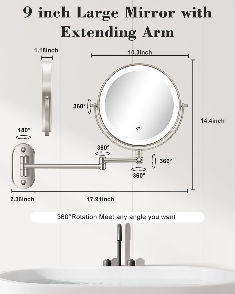 9'' 30X/1X Wall Mounted Lighted Makeup Mirror, Height Adjustable Double Sided...