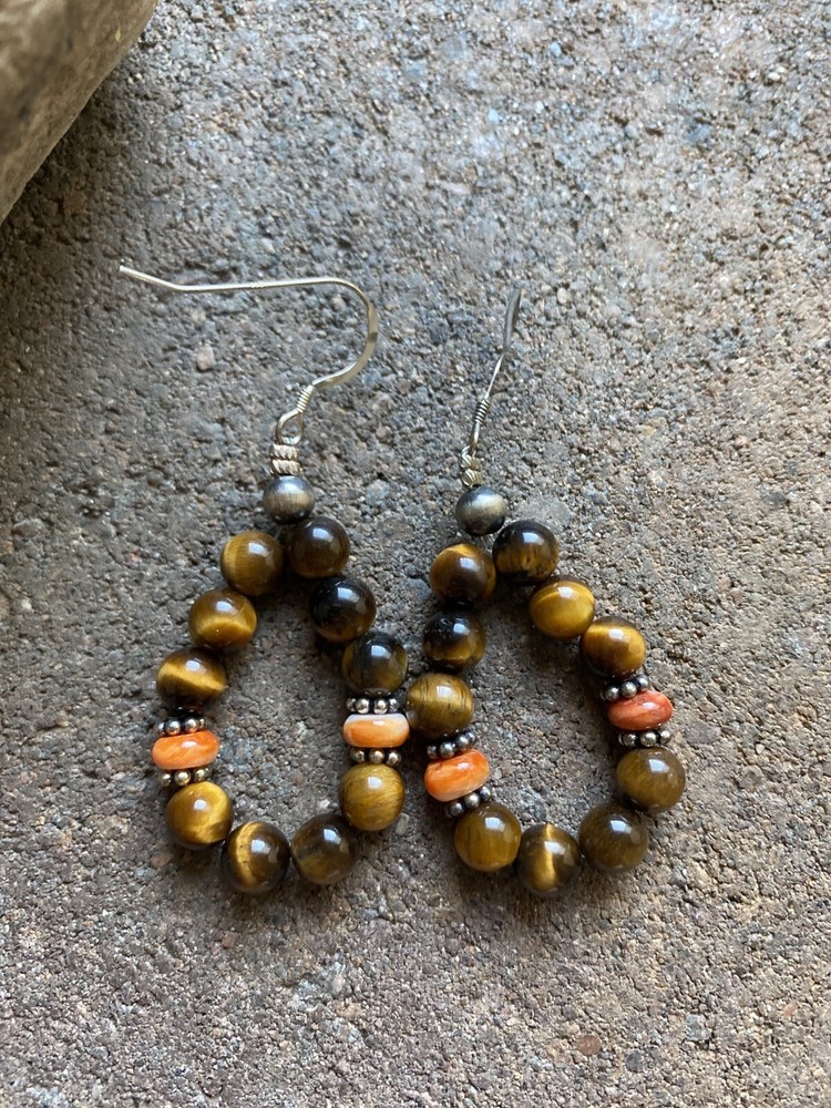 Sterling Silver Tiger’s Eye Spiny Oyster Bead Loop Earrings.