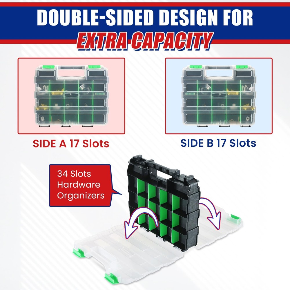 Small Parts Organizer, Hardware Organizer , 2 Pack Double Side 34 Compartment...