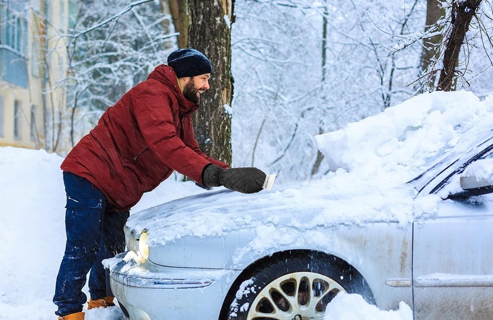Revolutionary Car Windshield Ice Scraper with Waterproof Fleece Mitt - Red