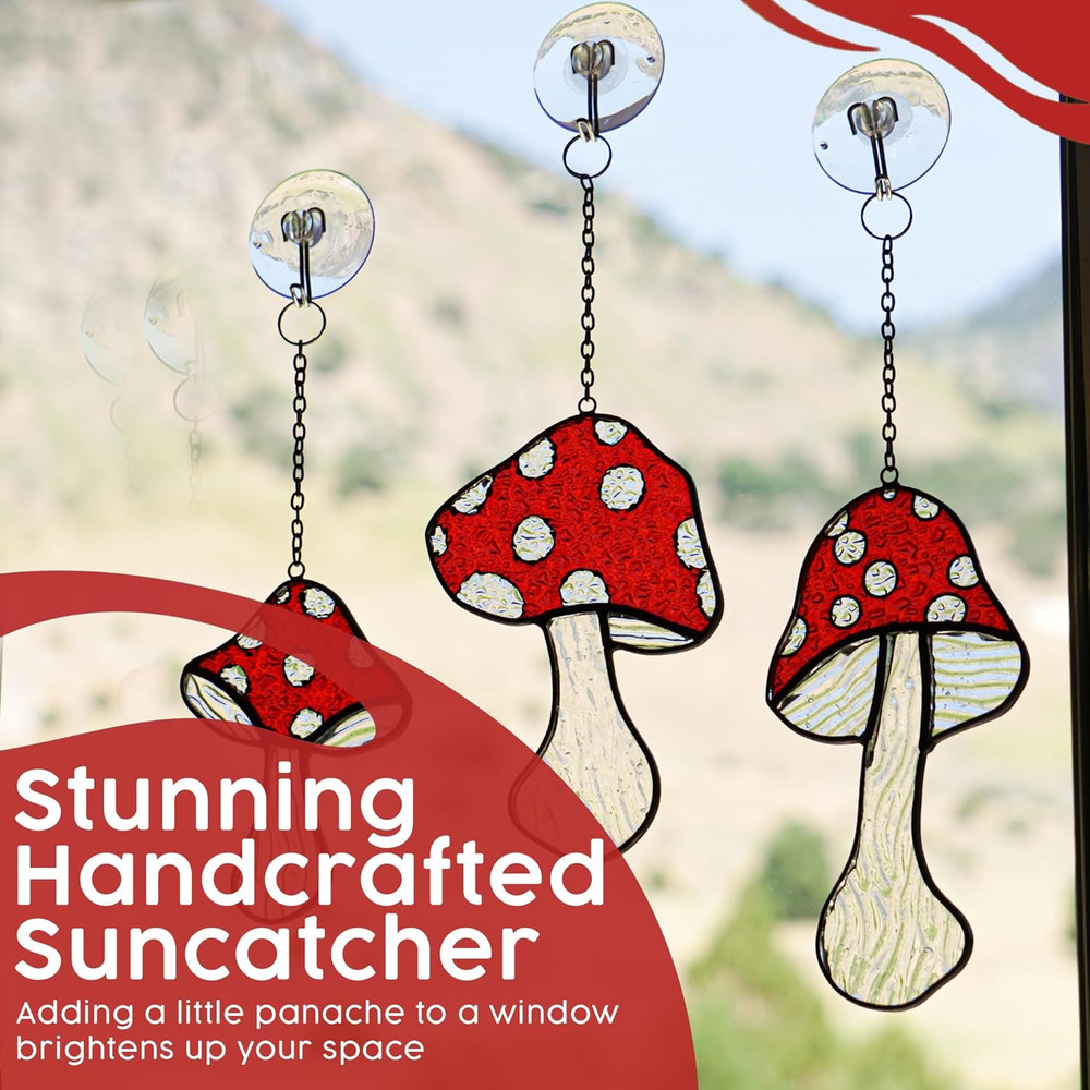 Mushroom Stained Glass Suncatcher Set – 3 Fly Agaric Hand-Painted Toadstool & Mo