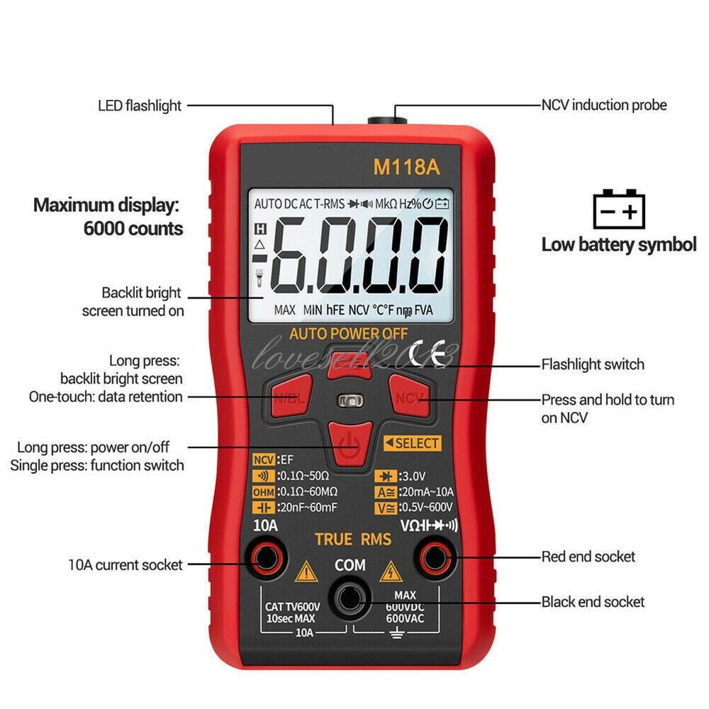 AC/DC True RMS Digital Multimeter Amp Ohm Voltage Resistance Tester Meter