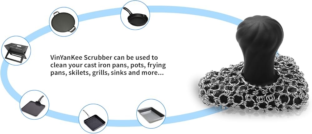 Cast Iron Scrubber with Handle 316 Dish Cast Cleaner Chainmail Scrubber