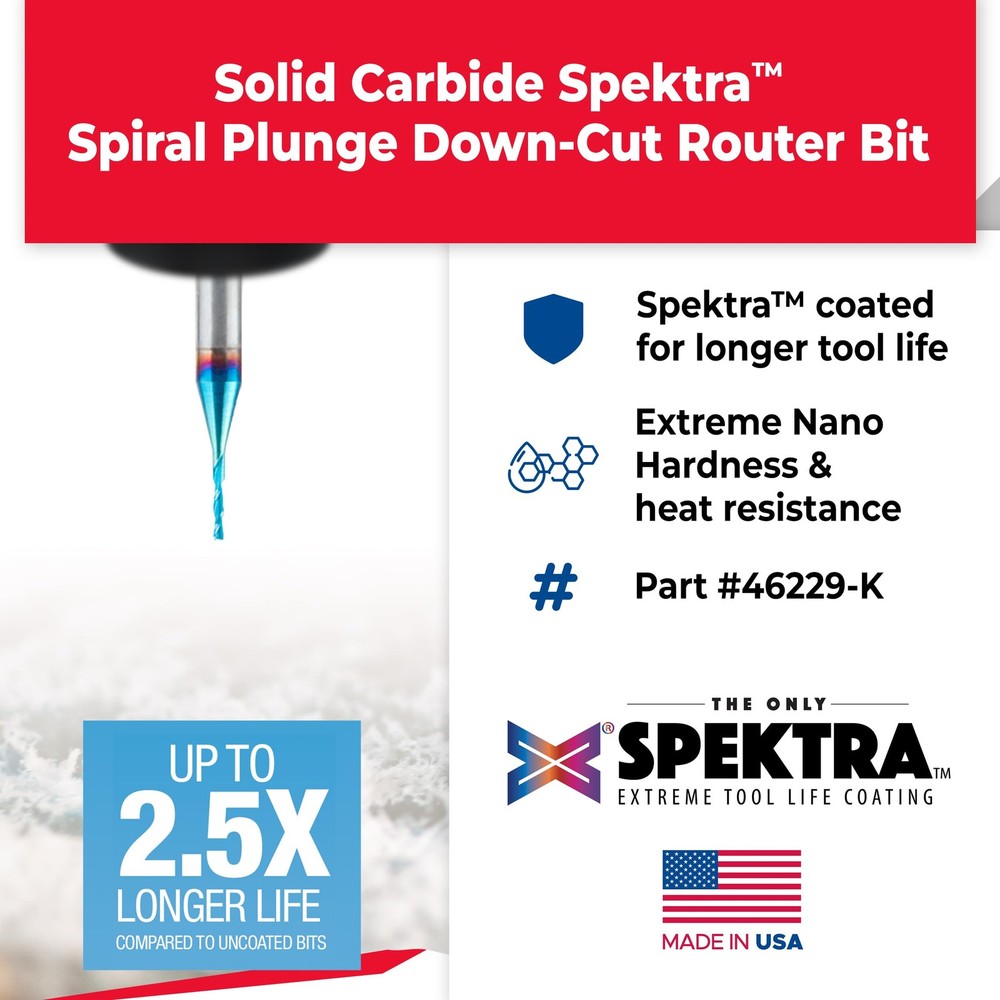 Amana Tool Solid Carbide Spektra Extreme Tool Life Spiral Plunge Router Bit Down