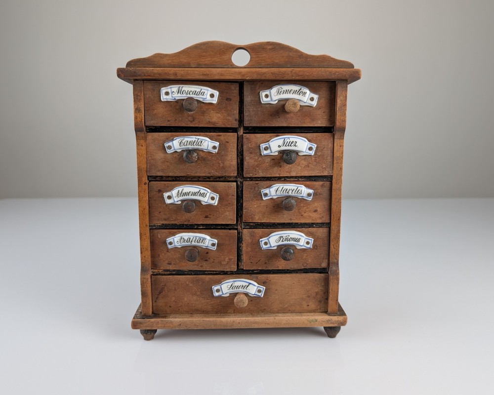 Spanish Rustic Wooden Spice Tree with Ceramic Labels, 1930s