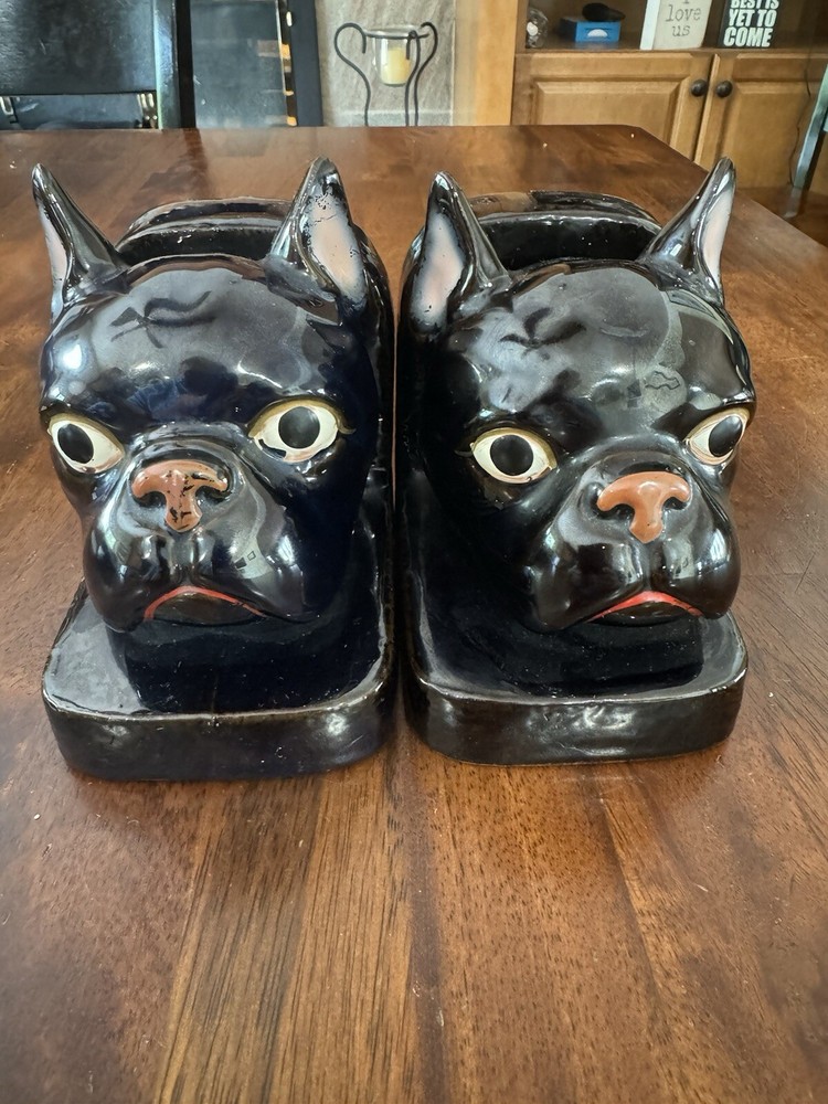 Vintage Porcelain Black Boston Terrier Bookends.