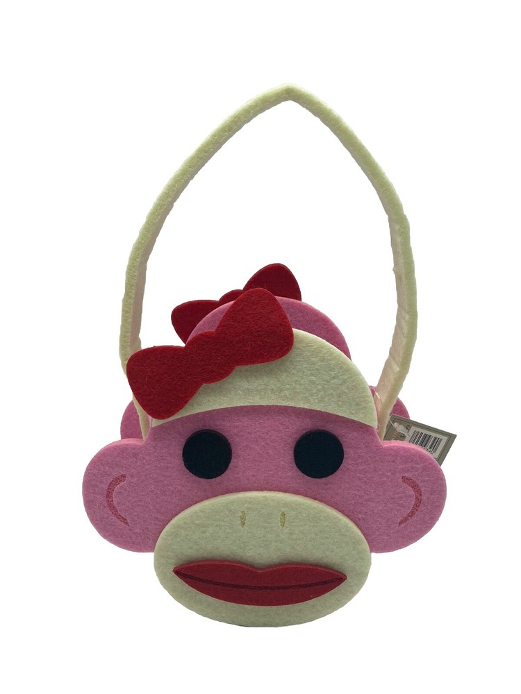 Pink Felt Sock Monkey Purse Basket 2 Sided Unique RARE NWT