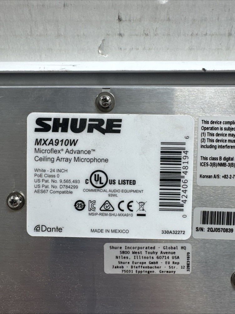 SHURE MXA910W MICROFLEX CEILING ARRAY MICROPHONE 24" SEE PHOTOS FREE SHIPPING