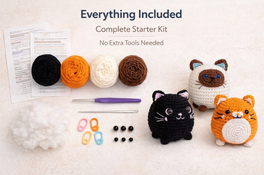 Beginner Crochet Kit 3 Pack Cats Amigurumi DIY Set with Video Tutorials