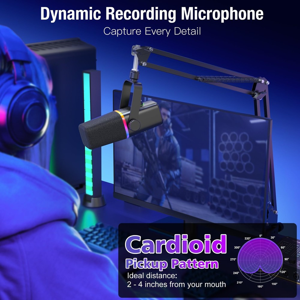 ZealSound USB/XLR Dynamic Microphone with Boom Arm, Podcast Gaming Black