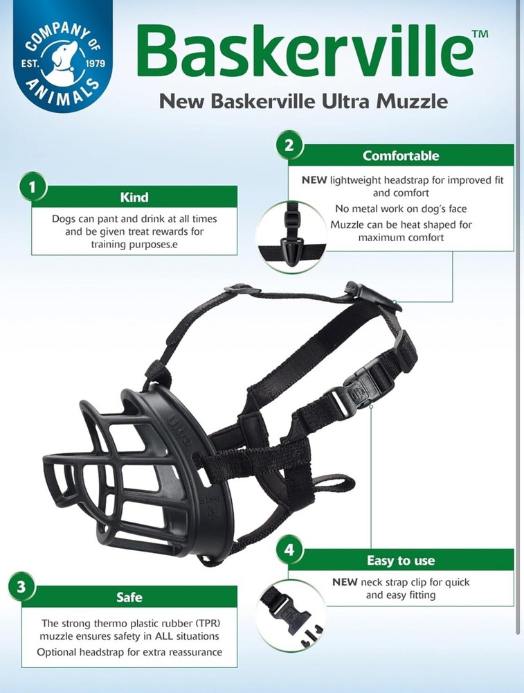 Baskerville Ultra Muzzle for Dogs - Size 4 - Adjustable & Comfortable - New