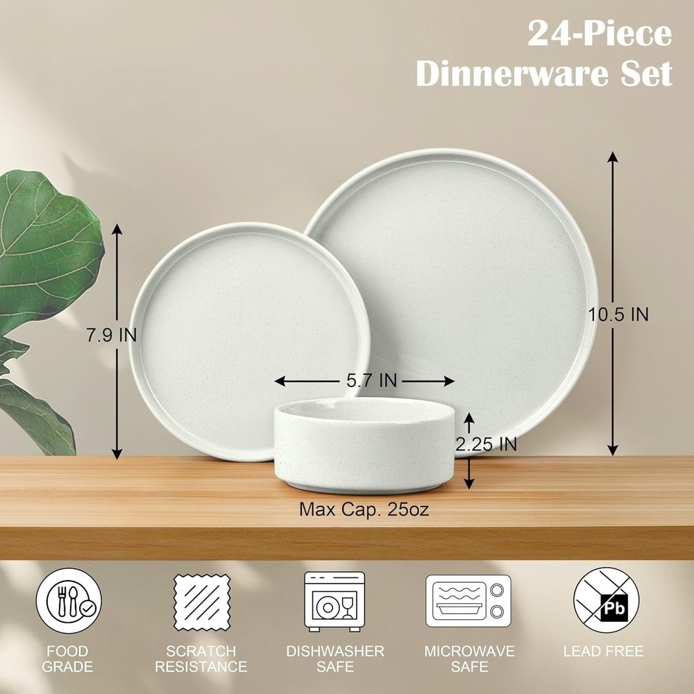 E-far 8-Persons Dinnerware Set Stone White Speckle Scratch Resistant (24-Pieces)