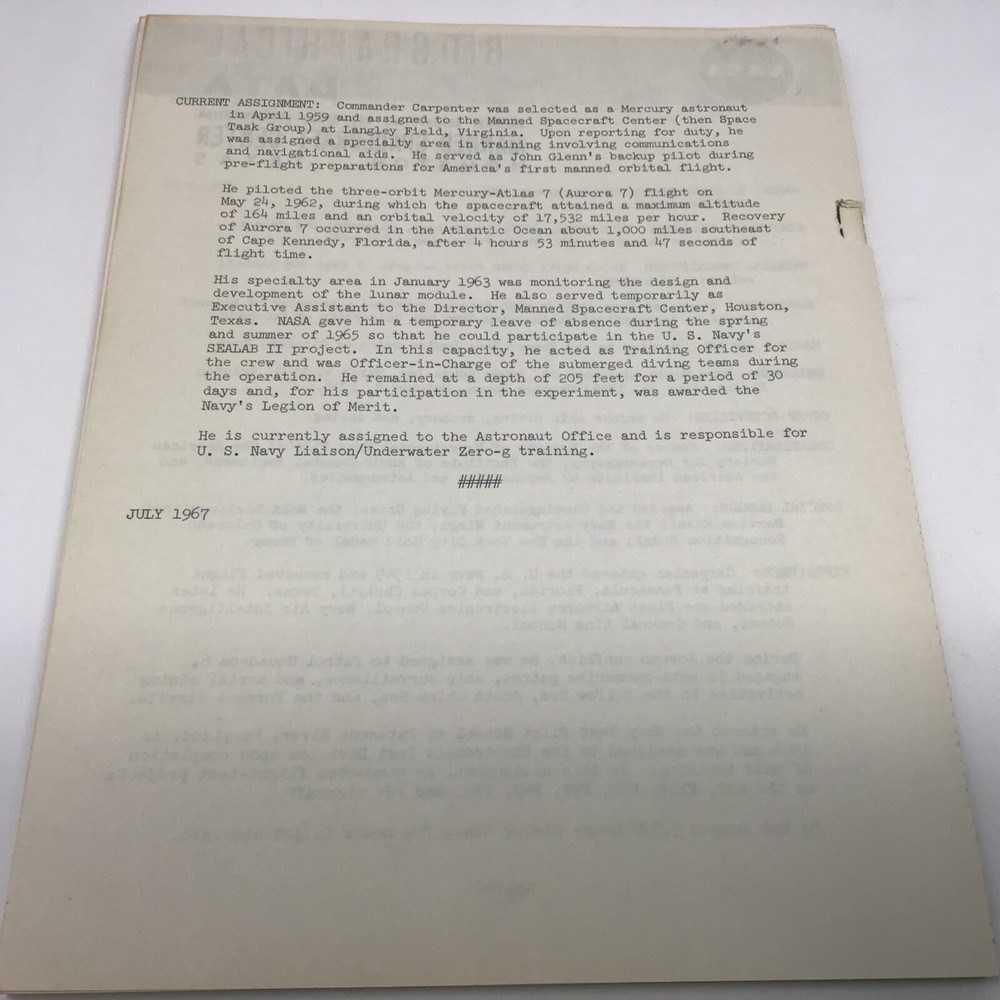 NASA Biographical Data sheet ( Revised July 1967) Astronaut Biographies