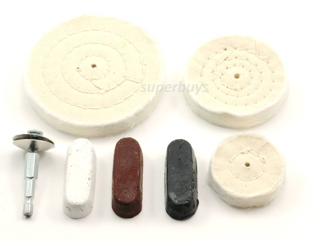 7pc White Cloth Buffer Wheel Kit 50 75 100mm Mandrel + Polishing Compound Bit