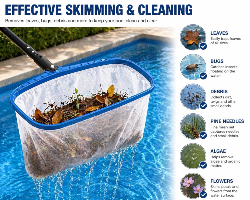 Pool Skimmer Net Fine Mesh Leaf Rake Deep Bag Cleaning Tool w/ Handle