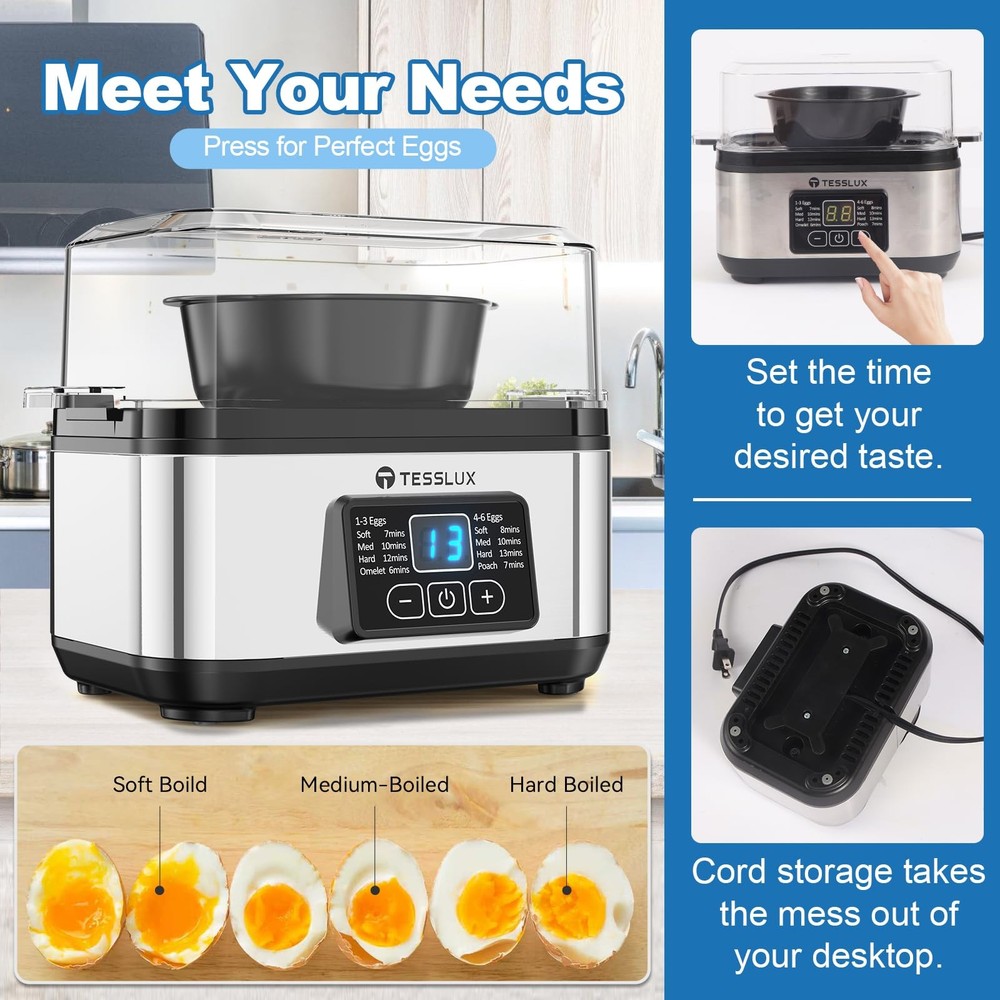 Rapid Egg Cooker, 6 Egg Capacity for Hard Boiled Eggs, Poached Eggs, Scramble...